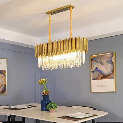 Prezzo buono Lampada da soffitto rettangolare placcata in oro con cristalli trasparenti, grande lampadario a sospensione in linea